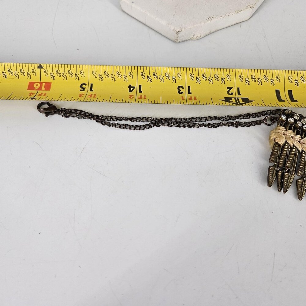Bib Necklace Gold Tone Boho Statement Feather Fringe Rhinestone 16" Braided Cord - Picture 8 of 10